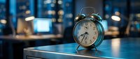 Vintage alarm clock on modern office desk with city lights background. Business time management and deadline concept for corporate productivity and work-life balance.