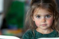 Young blonde girl with blue eyes wearing green sweater looking at camera in bright indoor setting with soft natural lighting and blurred colorful background.