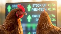 Chickens standing in front of stock market display showing green upward arrows and percentage gains, representing agricultural technology investment and farm business growth.