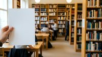 Caucasian hand holding blank white card in library with wooden bookshelves, study tables, and students in background for mockup and educational marketing use.