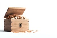 Wooden treasure chest filled with gold coins on white background, open lid revealing shiny pile of money inside, isolated financial concept.