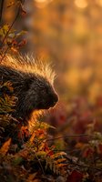 North American porcupine in autumn forest with golden sunlight illuminating spiky quills among colorful fall foliage and ferns creating warm seasonal wildlife scene.