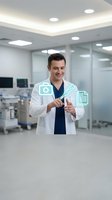 Smiling male doctor in white coat using smartphone with digital healthcare icons in modern hospital corridor for telemedicine and medical technology applications.