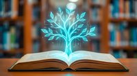 Open book with glowing turquoise tree of knowledge emerging from pages against blurred library background. Concept for education, learning, wisdom, and intellectual growth in academic settings.