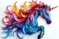 Magical unicorn with flowing rainbow mane in vibrant watercolor style featuring blue body and fiery orange, pink and purple ethereal hair on white background.