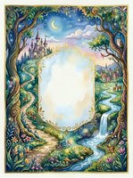 Watercolor fairy tale frame with castle, waterfall, forest, moon, and magical creatures, featuring a blank center for custom text or design.