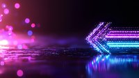 Futuristic neon arrow lights reflecting on water surface with glowing pink and blue bokeh effects creating dynamic technological landscape.