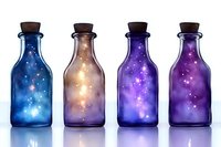 Glowing galaxy liquid in glass bottles with cork stoppers, isolated on white background. Perfect for fantasy, magic, potion, and mystical design projects.