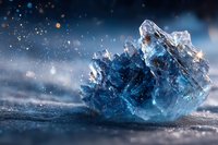 Blue crystal formation with sparkling particles and bokeh lights creating magical winter atmosphere for fantasy and spiritual design projects.