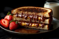 Grilled sandwich with melted cheese and caramel sauce served on dark plate with fresh strawberries and milk glass for comfort food breakfast or dessert.