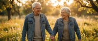 Happy senior couple holding hands walking together in golden sunset light through autumn park enjoying retirement and love.