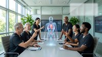Medical team discussing holographic human anatomy projection in modern conference room with large windows and green plants, suitable for healthcare, technology, and corporate training materials.