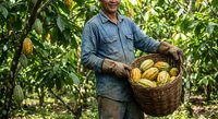Smiling farmer holding wicker basket full of fresh cacao pods in tropical plantation. Sustainable agriculture and organic farming concept for chocolate production.