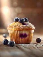 Fresh blueberry muffin with powdered sugar and berries on rustic wooden surface with warm bokeh lighting for bakery and breakfast concepts.