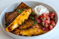 Mexican-style grilled quesadilla filled with melted yellow cheese, served with fresh pico de gallo salsa and sour cream garnished with cilantro on white plate.