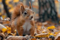 Curious red squirrel with tufted ears sitting among fallen autumn leaves in forest setting, looking alert with bright eyes.