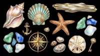 Watercolor beach collection with seashells, starfish, compass, anchor, driftwood, sea glass, and pebbles, isolated on transparent background. Great for stickers, t-shirt design, print on demand.