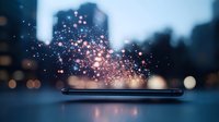 Magical glowing particles floating above smartphone screen against blurred urban cityscape background with bokeh lights in evening atmosphere.