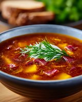 Traditional red borscht soup with diced vegetables and fresh dill garnish served in dark ceramic bowl, bread slices and herbs in background.
