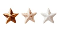 Three decorative stars in metallic copper, rose gold, and pearl white colors arranged in row on white background, isolated design element for festive projects.