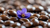 Purple wildflower blossom resting on roasted coffee beans background with soft blur bokeh effect, macro photography showing texture and aroma details.