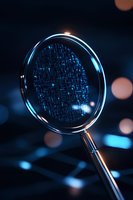 Magnifying glass revealing digital data patterns with blue glowing circuit design on dark background, symbolizing cybersecurity and digital investigation concept.