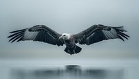 Majestic vulture with widespread wings soaring low over misty water surface in dramatic atmospheric morning light, creating powerful wildlife scene.