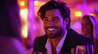 Cheerful Mediterranean man in black suit smiling at nightclub party with vibrant purple lighting and bokeh effects in background, holding smartphone device.