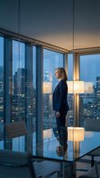 Professional businesswoman in dark suit standing by floor-to-ceiling windows overlooking illuminated city skyline at dusk in modern corporate office.