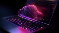 Digital cloud computing concept with glowing purple wireframe cloud floating above laptop keyboard, representing data storage and network connectivity in modern technology.