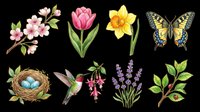 Spring nature clipart set with cherry blossom, tulip, daffodil, butterfly, bird nest, hummingbird, lavender, and ladybug, isolated on transparent background, ready for stickers and print on demand.