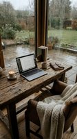 Cozy rustic home office with laptop on wooden desk, candle, coffee mug, and knit blanket by rain-streaked window for remote work.