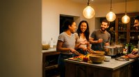 Young diverse friends cooking together in modern kitchen with warm pendant lighting preparing healthy meal and enjoying social time.