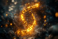 Glowing DNA helix structure with golden particles against dark background, representing genetic science and biotechnology research.