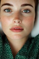 Close up portrait of young woman with natural freckles, blue eyes, and coral lips wearing green polka dot blouse, shot on light background.
