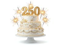 Elegant white and gold tiered celebration cake with number 250 topper and sparkler decorations on pedestal stand, isolated on white background for anniversary, milestone, birthday event design.