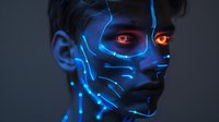 Futuristic male portrait with glowing blue circuit lines and red eyes against dark background, cyberpunk style face art showing technological transformation.