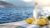 Fresh lemons and glass bottle on wooden pier against sparkling blue sea water and sunlight, summer Mediterranean lifestyle composition.
