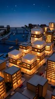 Illuminated miniature cityscape model at dusk with glowing buildings, harbor, and starry sky, suitable for urban planning, architecture visualization, and real estate marketing projects.