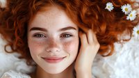 Young woman with natural red curly hair, freckles and gentle smile lying on white background with daisy flowers, expressing happiness and natural beauty.