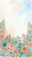 Soft watercolor floral border with pink roses, peonies, and tropical leaves on pastel background with copy space for cards and invitations.