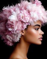Side profile of young woman with pink peonies and feathers headpiece against black background, dramatic makeup and glowing skin for beauty and fashion campaigns.