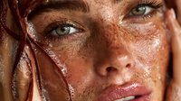 Close-up portrait of young Caucasian woman with freckles and wet skin after swimming or shower. Natural beauty concept with water droplets on face.