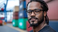 Professional African American male worker with glasses and dreadlocks at shipping port with colorful cargo containers in background for logistics industry.