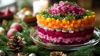 Layered vegetable salad with beets, carrots, onions, and pomegranate seeds arranged in colorful stripes on glass plate, decorated with pine branches and cones for winter holidays.