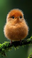 Fluffy orange baby bird with round shape and big eyes perched on mossy branch against dark green background. Close-up nature photography showing delicate details.