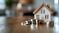 Small wooden house model next to stacked silver coins on wooden surface, representing real estate investment, property finance, and mortgage concepts.
