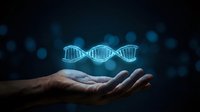 Human hands holding glowing DNA double helix structure with blue light effects on dark background for genetic research and biotechnology concepts.
