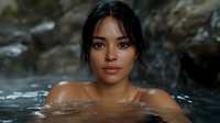 Young Asian woman relaxing in natural thermal spring water, with wet hair and glowing skin against dark rocky background, wellness and spa concept.