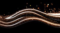 Glowing wavy lines with sparkling golden particles and bokeh effects on black background create magical light trails. Suitable for luxury designs.